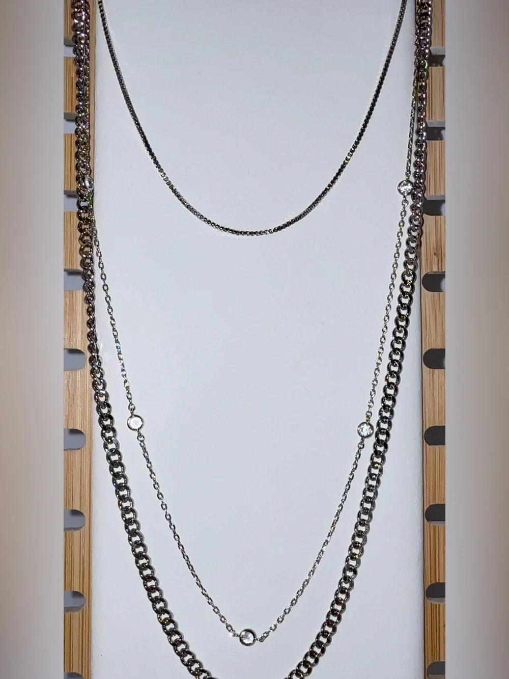 3 Layered Stainless Steel Silver Tone Crystal Station Necklace